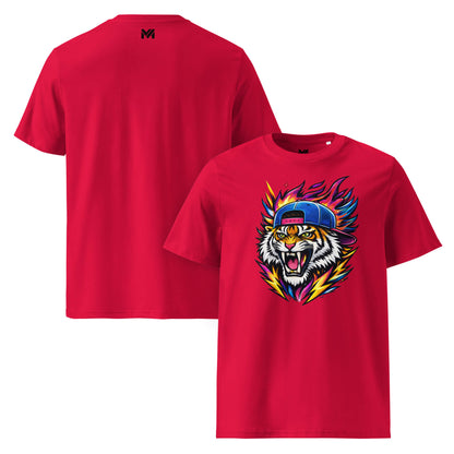 T-shirt Bio FIRE TIGER rouge visuel coloré face et logo noir dos sous le col Mindset Ambition