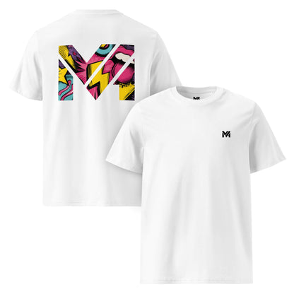 T-shirt Bio FULL VOLTAGE blanc logo noir face et visuel coloré dos Mindset Ambition