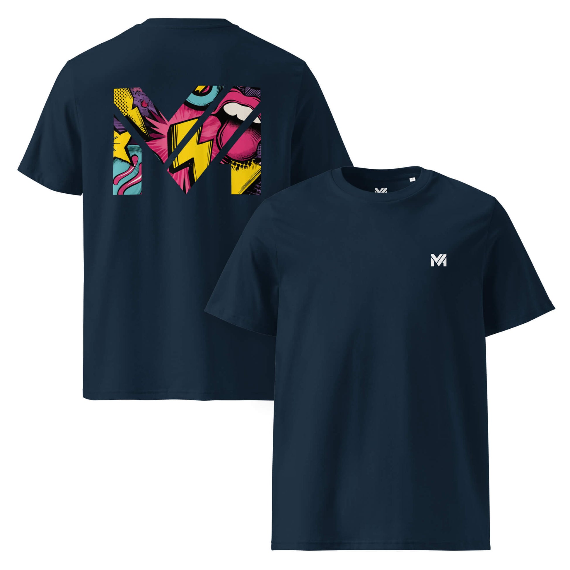 T-shirt Bio FULL VOLTAGE bleu marine logo blanc face et visuel coloré dos Mindset Ambition