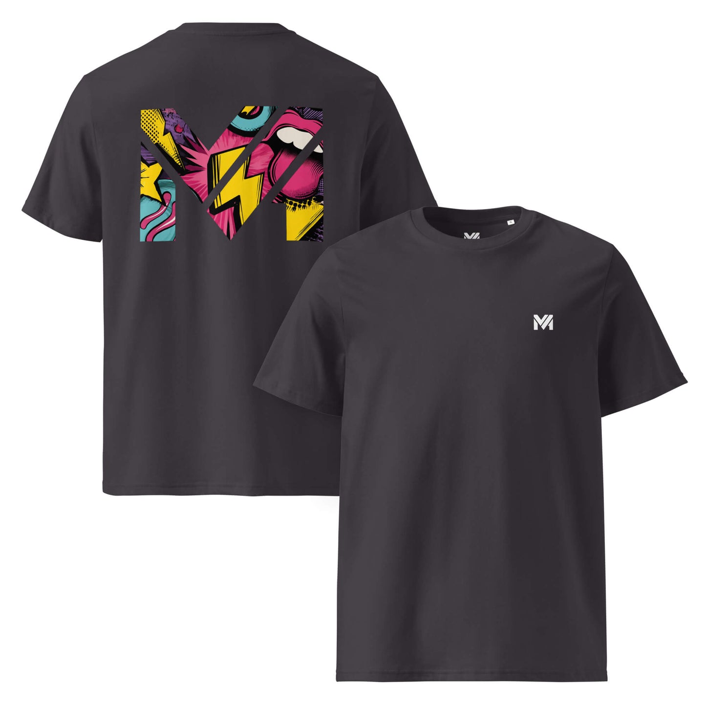 T-shirt Bio FULL VOLTAGE gris anthracite logo blanc face et visuel coloré dos Mindset Ambition