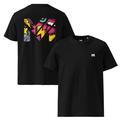 T-shirt Bio FULL VOLTAGE noir logo blanc face et visuel coloré dos Mindset Ambition