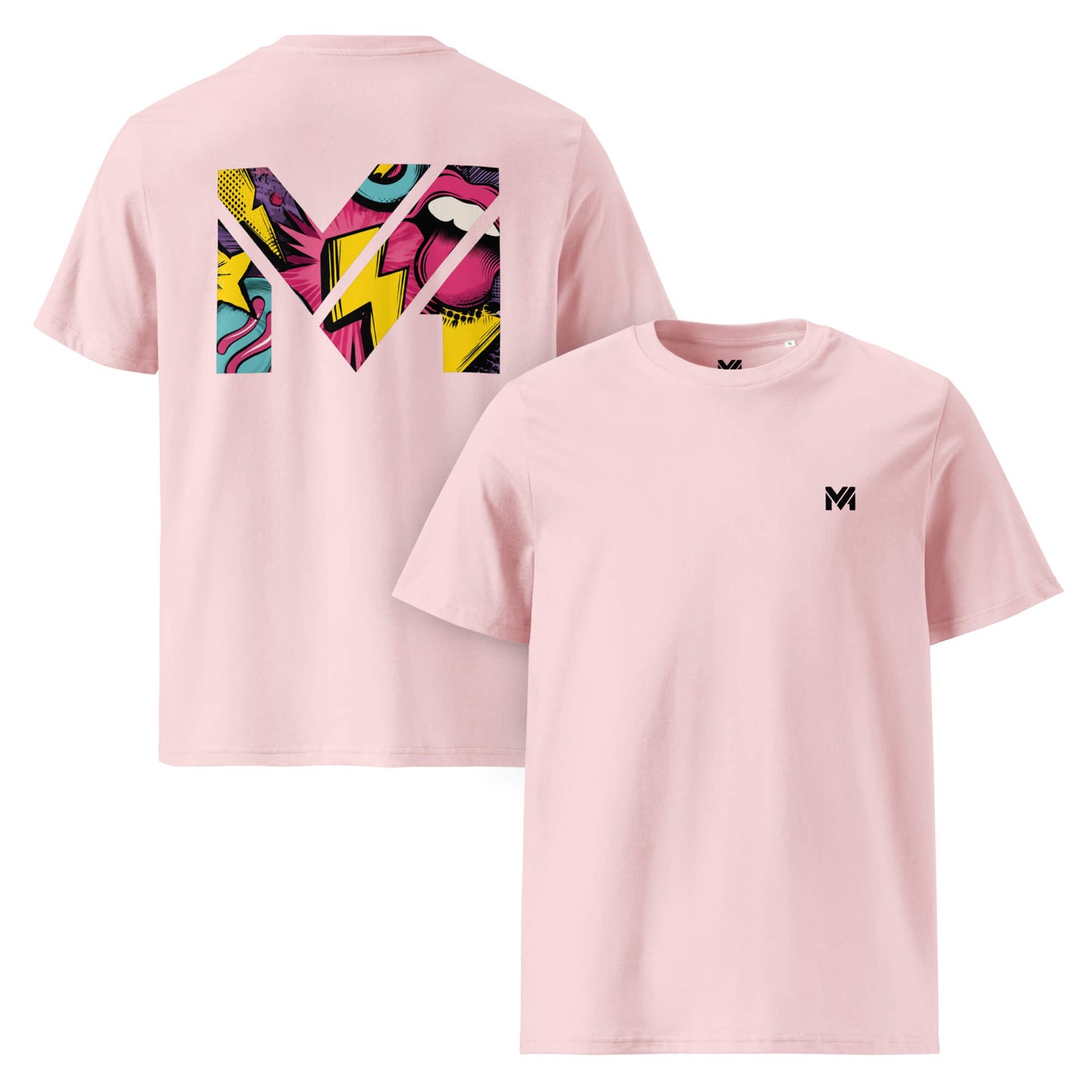 T-shirt Bio FULL VOLTAGE rose logo noir face et visuel coloré dos Mindset Ambition