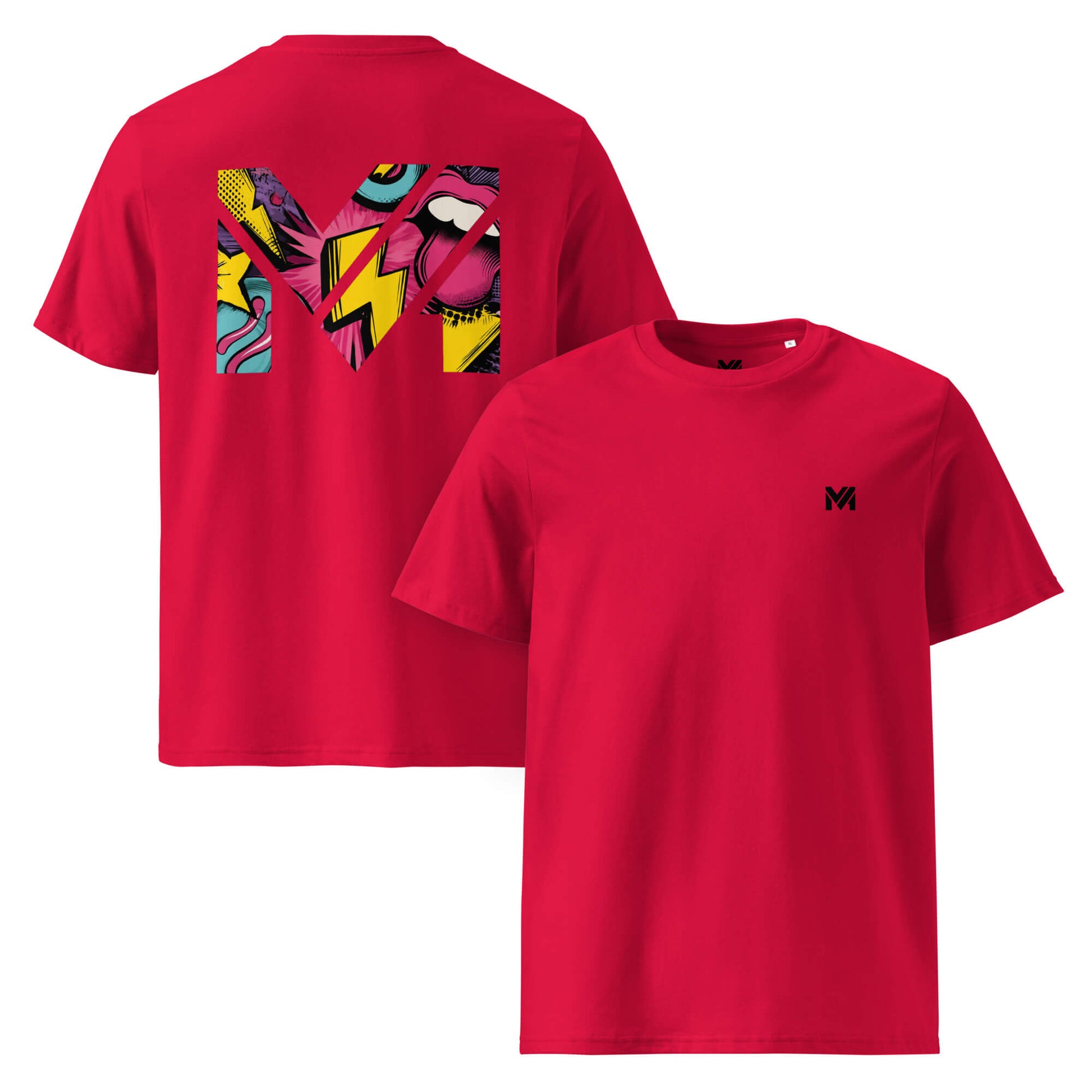 T-shirt Bio FULL VOLTAGE rouge logo noir face et visuel coloré dos Mindset Ambition