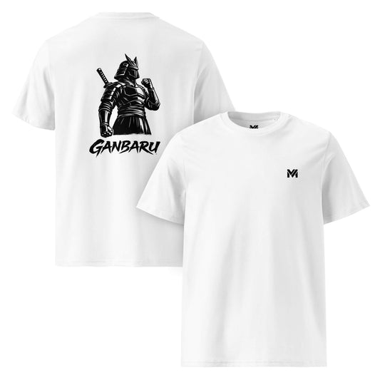 T-shirt Bio Ganbaru blanc logo noir face et visuel noir dos Mindset Ambition