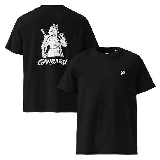 T-shirt Bio Ganbaru noir logo blanc face et visuel blanc dos Mindset Ambition