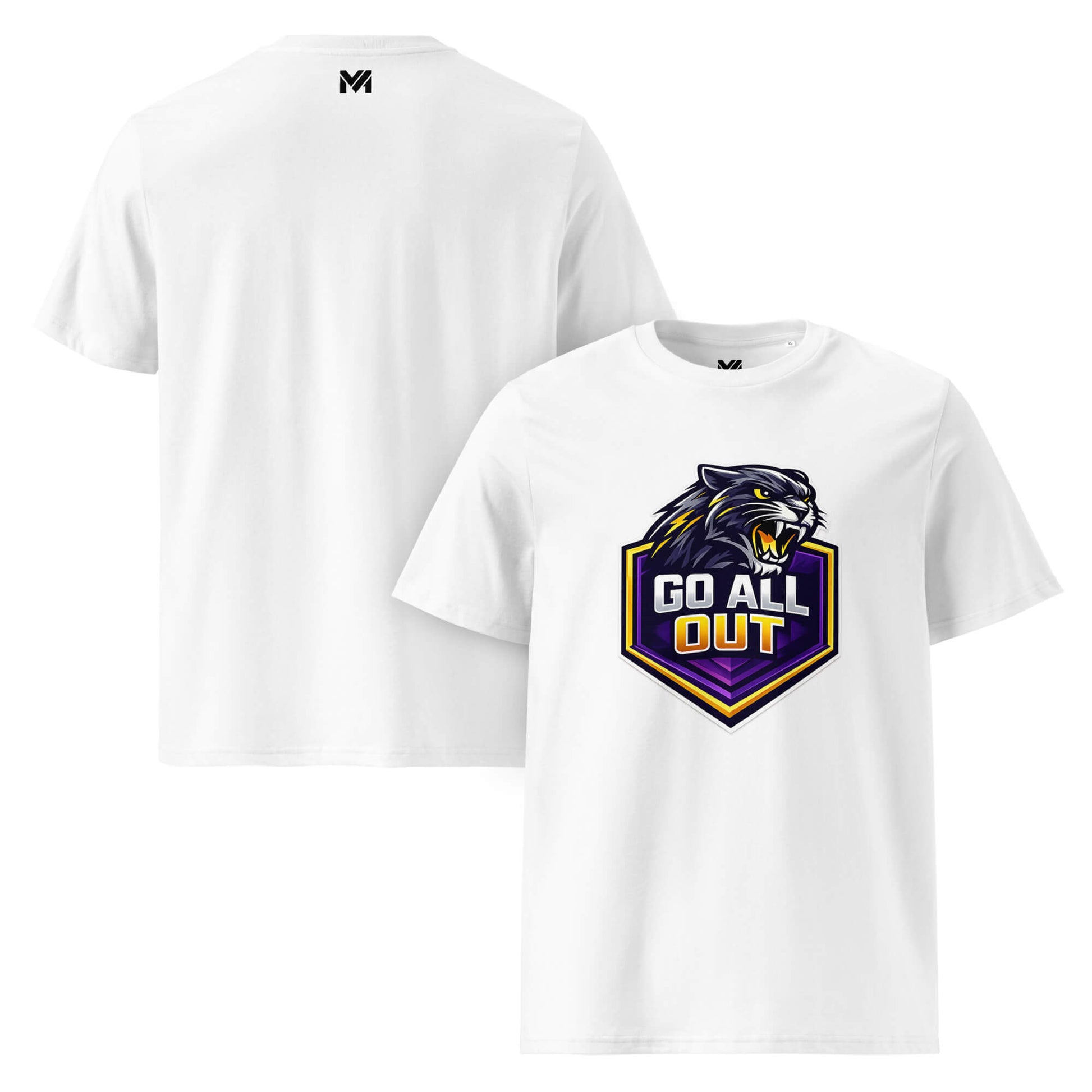T-shirt Bio GO ALL OUT blanc visuel coloré face et logo noir dos sous le col Mindset Ambition