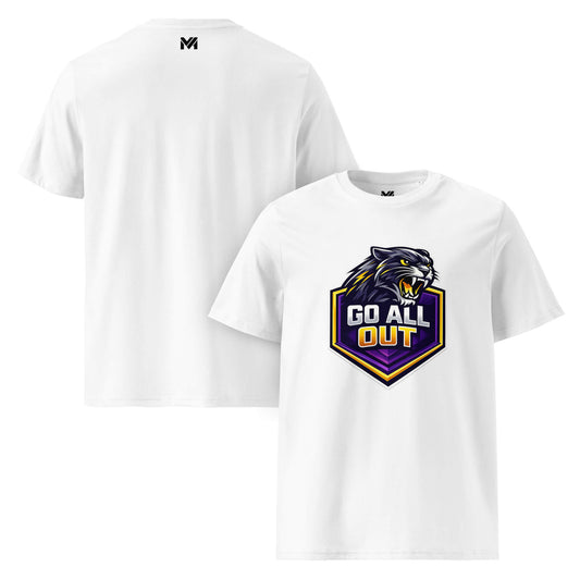 T-shirt Bio GO ALL OUT blanc visuel coloré face et logo noir dos sous le col Mindset Ambition