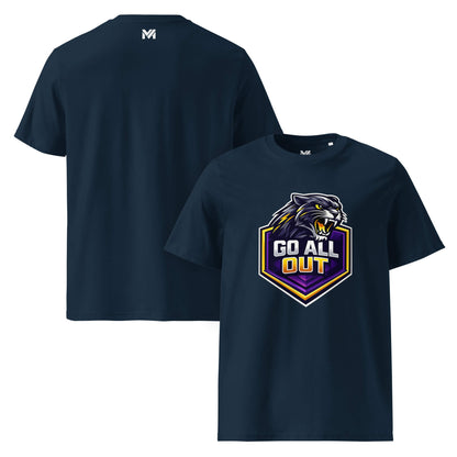 T-shirt Bio GO ALL OUT bleu marine visuel coloré face et logo blanc dos sous le col Mindset Ambition