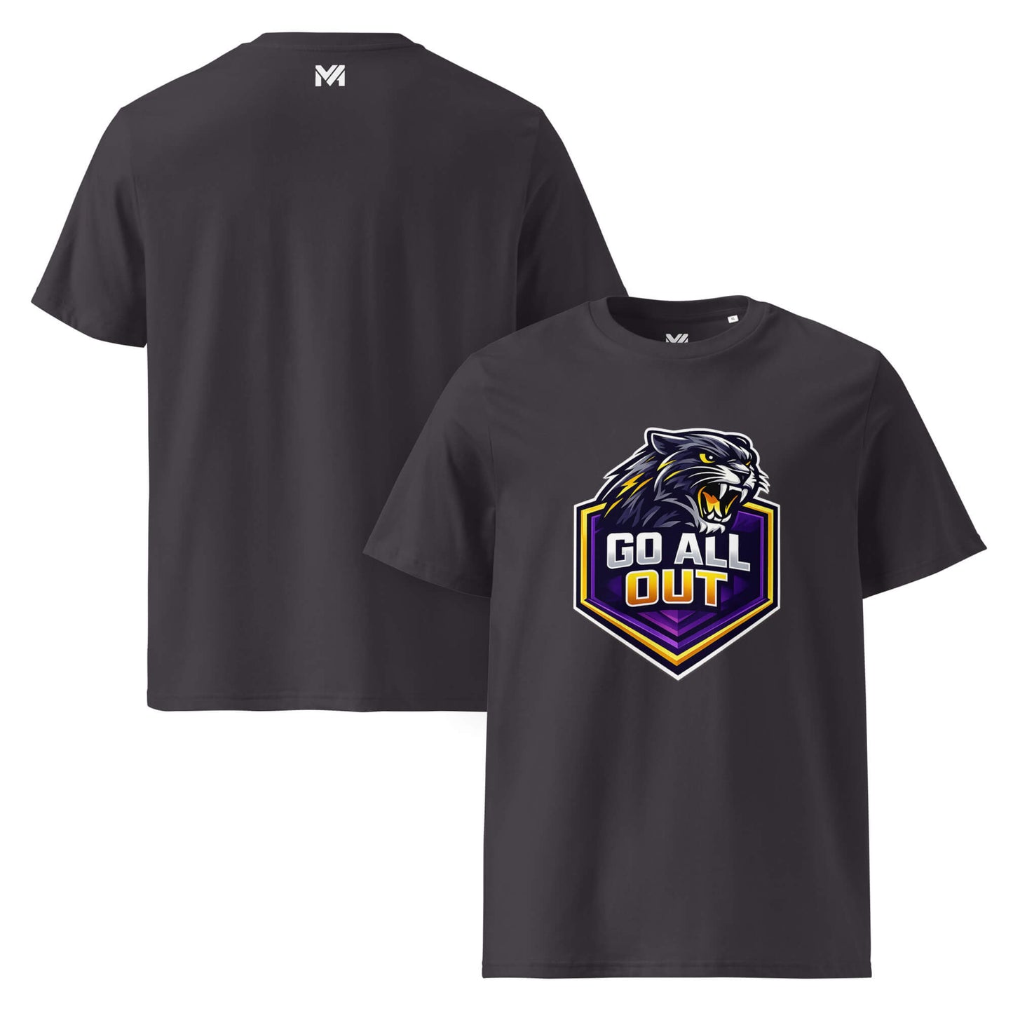 T-shirt Bio GO ALL OUT gris anthracite visuel coloré face et logo blanc dos sous le col Mindset Ambition
