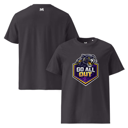 T-shirt Bio GO ALL OUT gris anthracite visuel coloré face et logo blanc dos sous le col Mindset Ambition