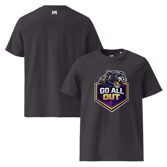 T-shirt Bio GO ALL OUT gris anthracite visuel coloré face et logo blanc dos sous le col Mindset Ambition
