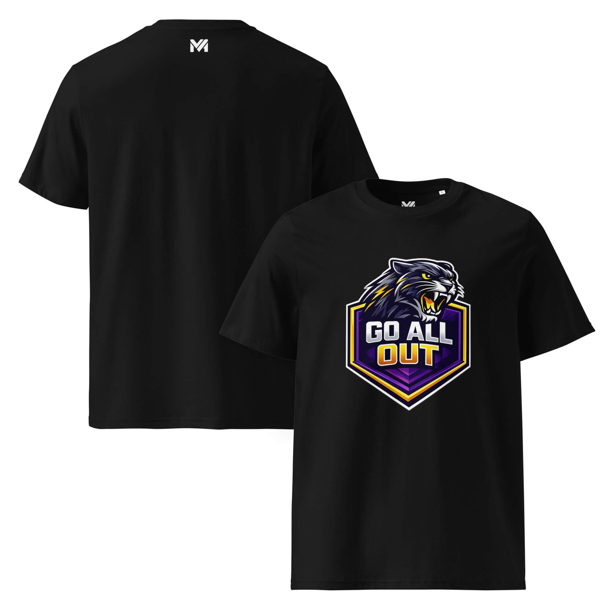 T-shirt Bio GO ALL OUT noir visuel coloré face et logo blanc dos sous le col Mindset Ambition