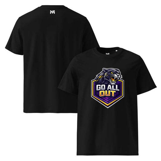 T-shirt Bio GO ALL OUT noir visuel coloré face et logo blanc dos sous le col Mindset Ambition