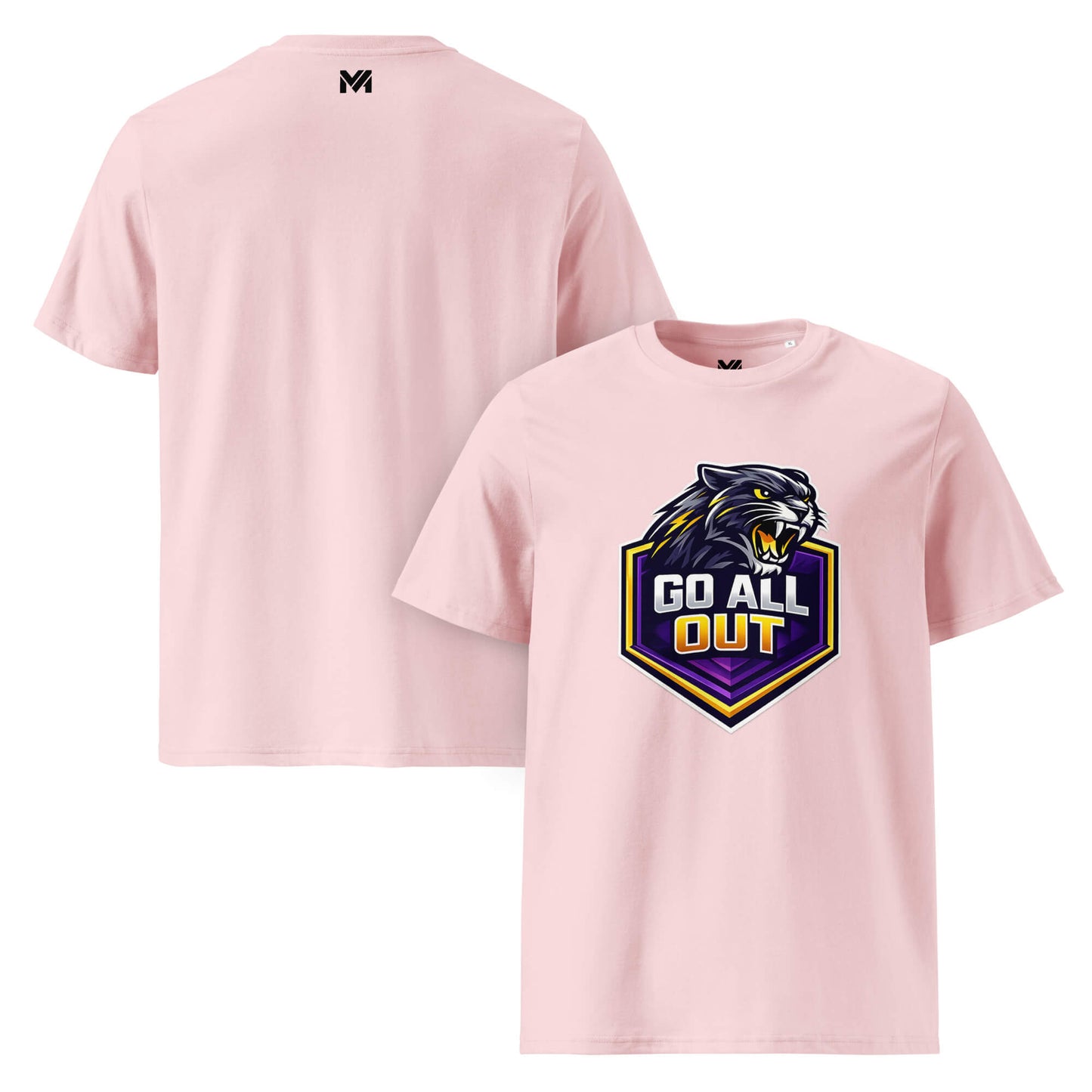 T-shirt Bio GO ALL OUT rose visuel coloré face et logo noir dos sous le col Mindset Ambition
