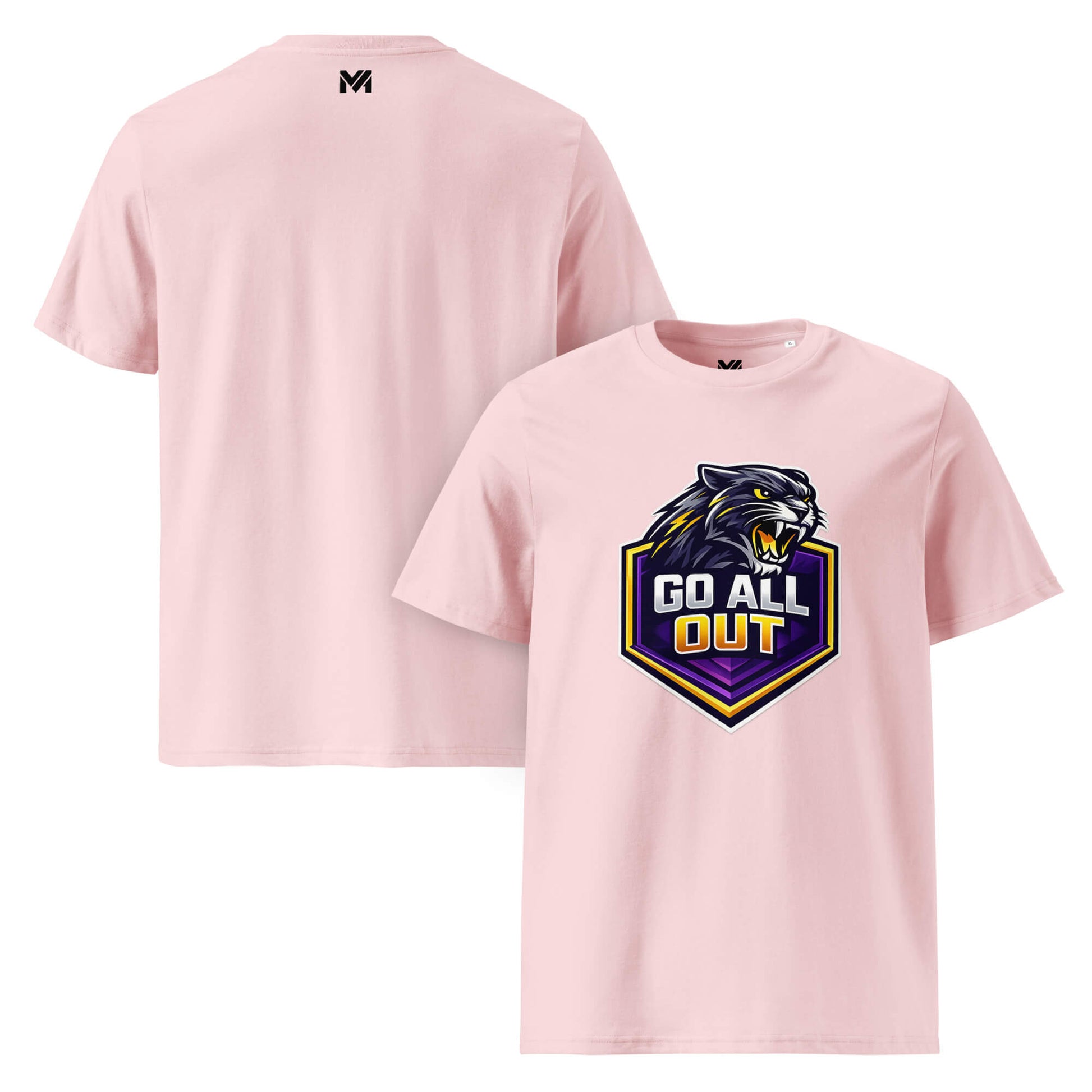 T-shirt Bio GO ALL OUT rose visuel coloré face et logo noir dos sous le col Mindset Ambition