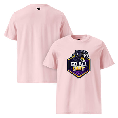T-shirt Bio GO ALL OUT rose visuel coloré face et logo noir dos sous le col Mindset Ambition