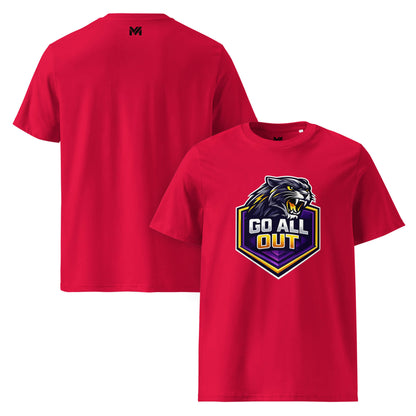 T-shirt Bio GO ALL OUT rouge visuel coloré face et logo noir dos sous le col Mindset Ambition