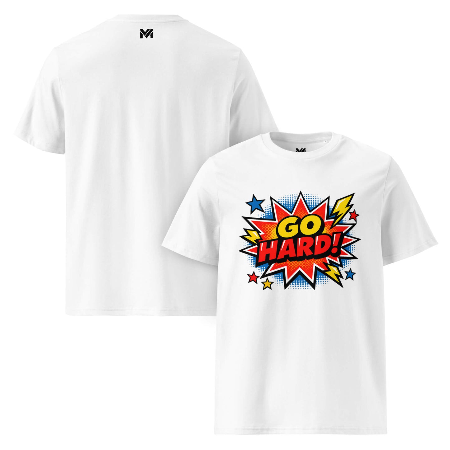 T-shirt Bio GO HARD blanc visuel coloré face et logo noir dos sous le col Mindset Ambition