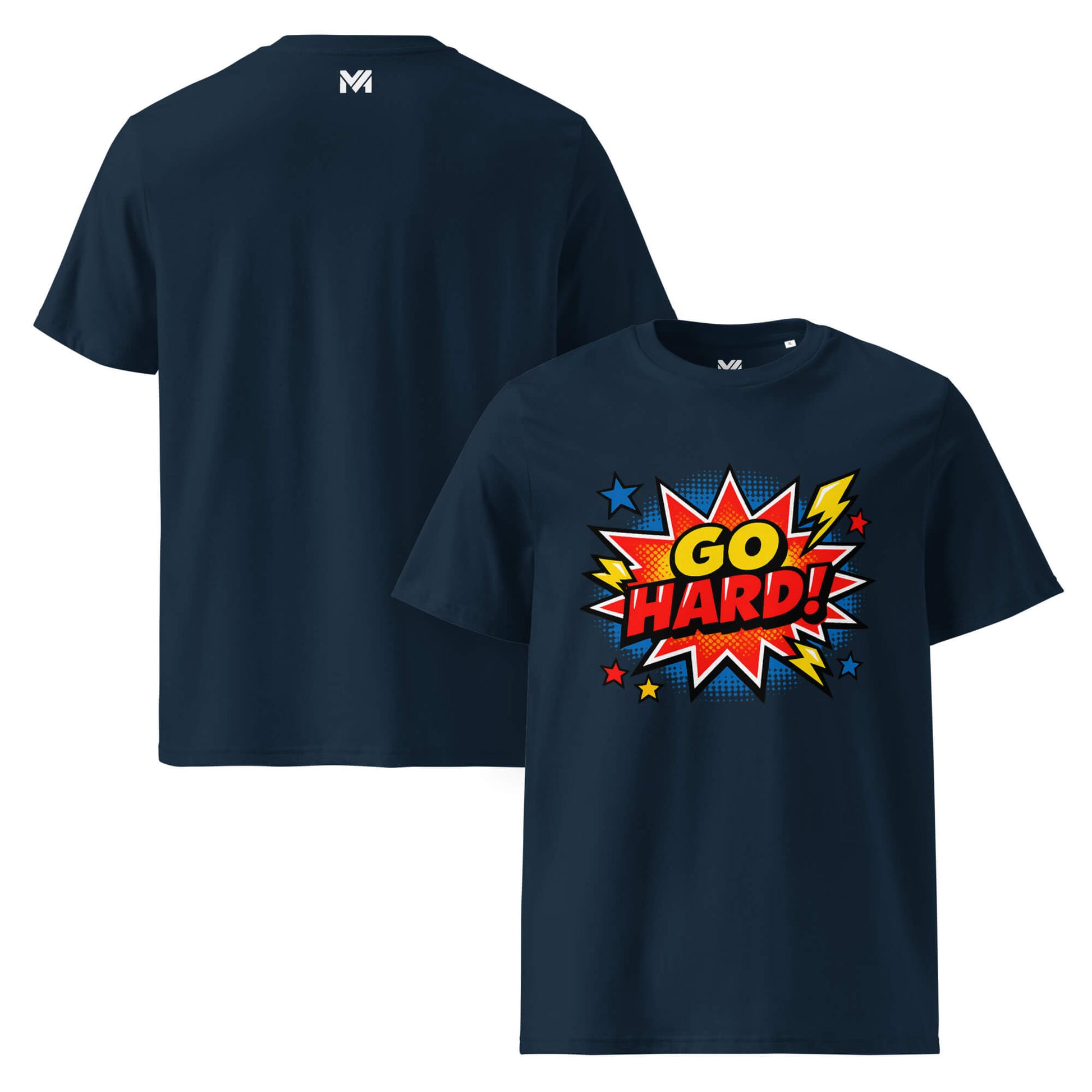 T-shirt Bio GO HARD bleu marine visuel coloré face et logo blanc dos sous le col Mindset Ambition