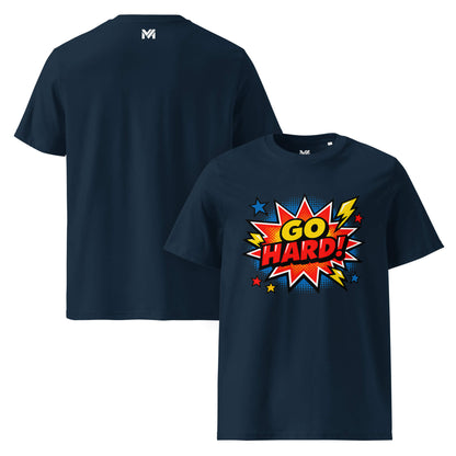 T-shirt Bio GO HARD bleu marine visuel coloré face et logo blanc dos sous le col Mindset Ambition