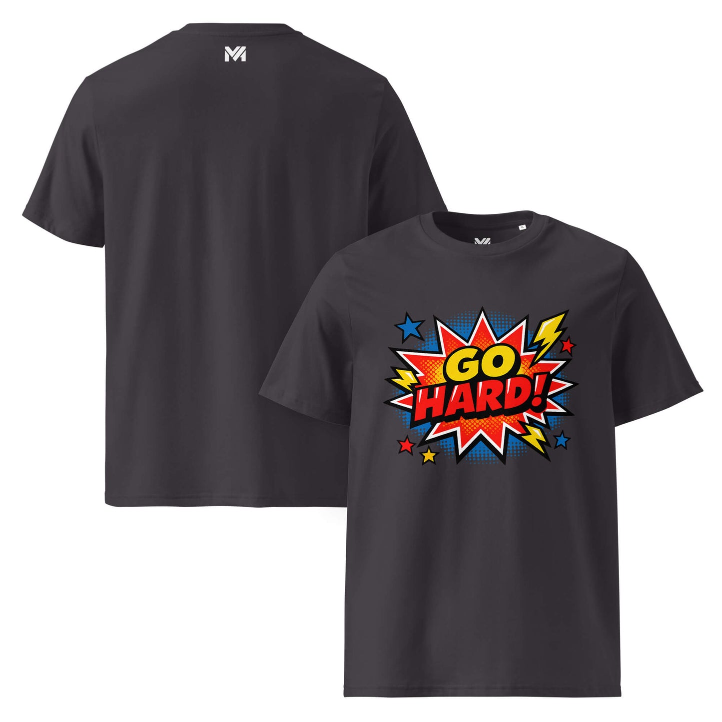 T-shirt Bio GO HARD gris anthracite visuel coloré face et logo blanc dos sous le col Mindset Ambition