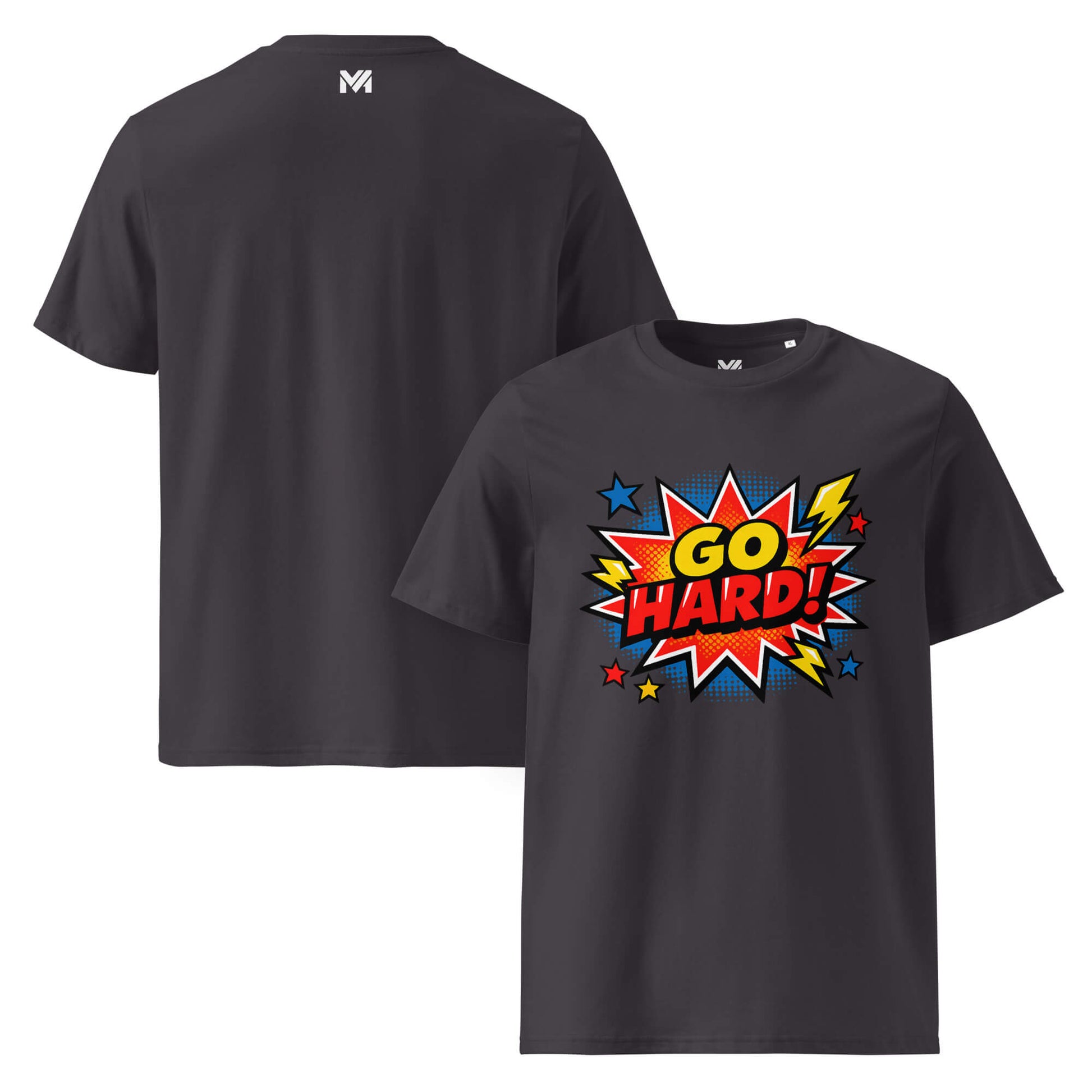 T-shirt Bio GO HARD gris anthracite visuel coloré face et logo blanc dos sous le col Mindset Ambition