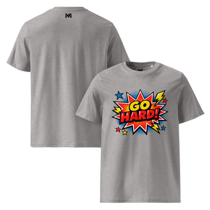 T-shirt Bio GO HARD gris chiné visuel coloré face et logo noir dos sous le col Mindset Ambition