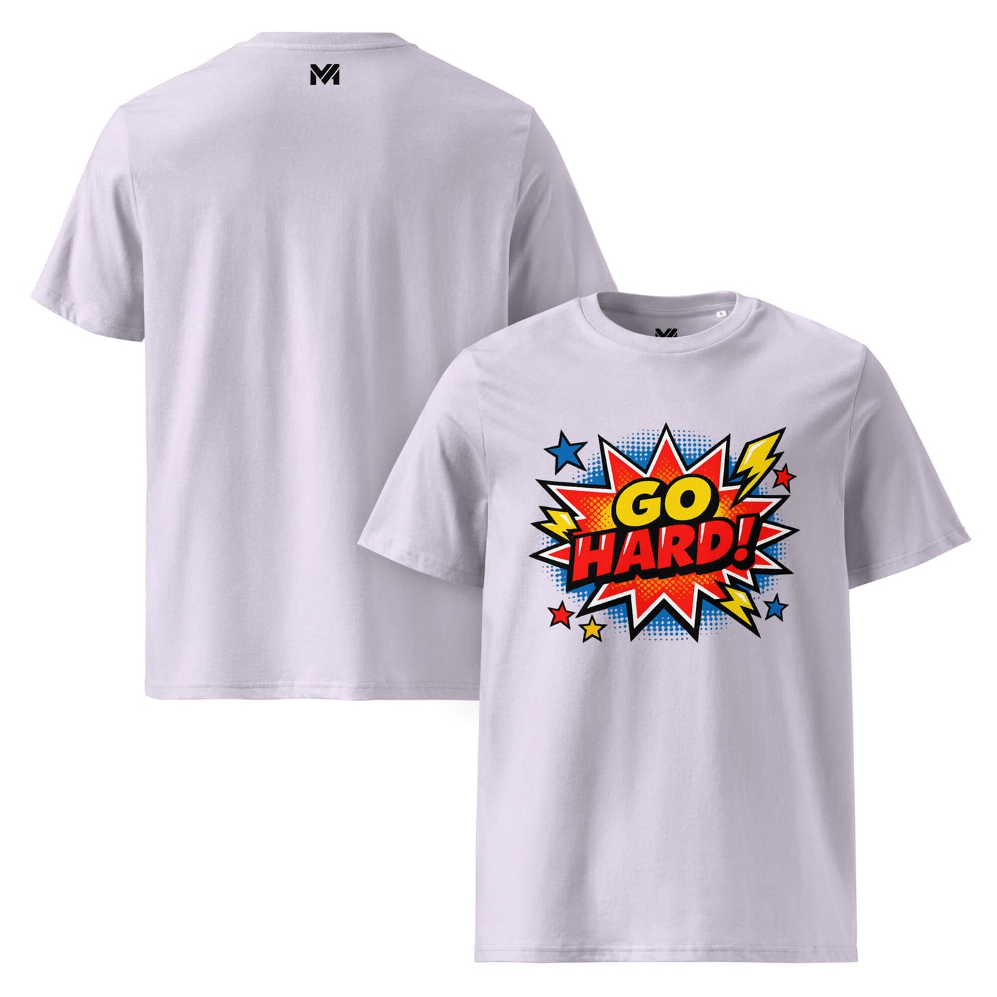 T-shirt Bio GO HARD lavande visuel coloré face et logo noir dos sous le col Mindset Ambition