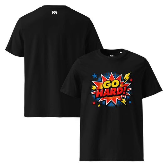 T-shirt Bio GO HARD noir visuel coloré face et logo blanc dos sous le col Mindset Ambition