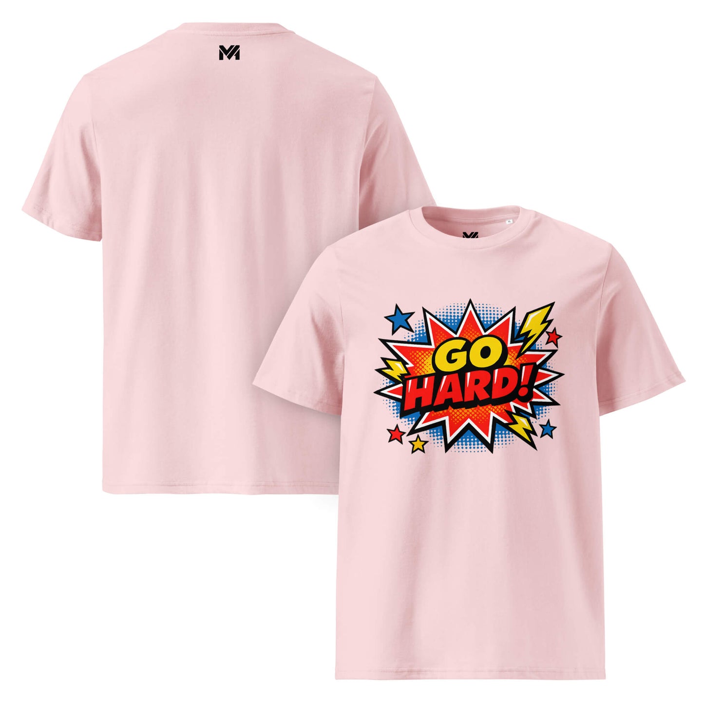 T-shirt Bio GO HARD rose visuel coloré face et logo noir dos sous le col Mindset Ambition