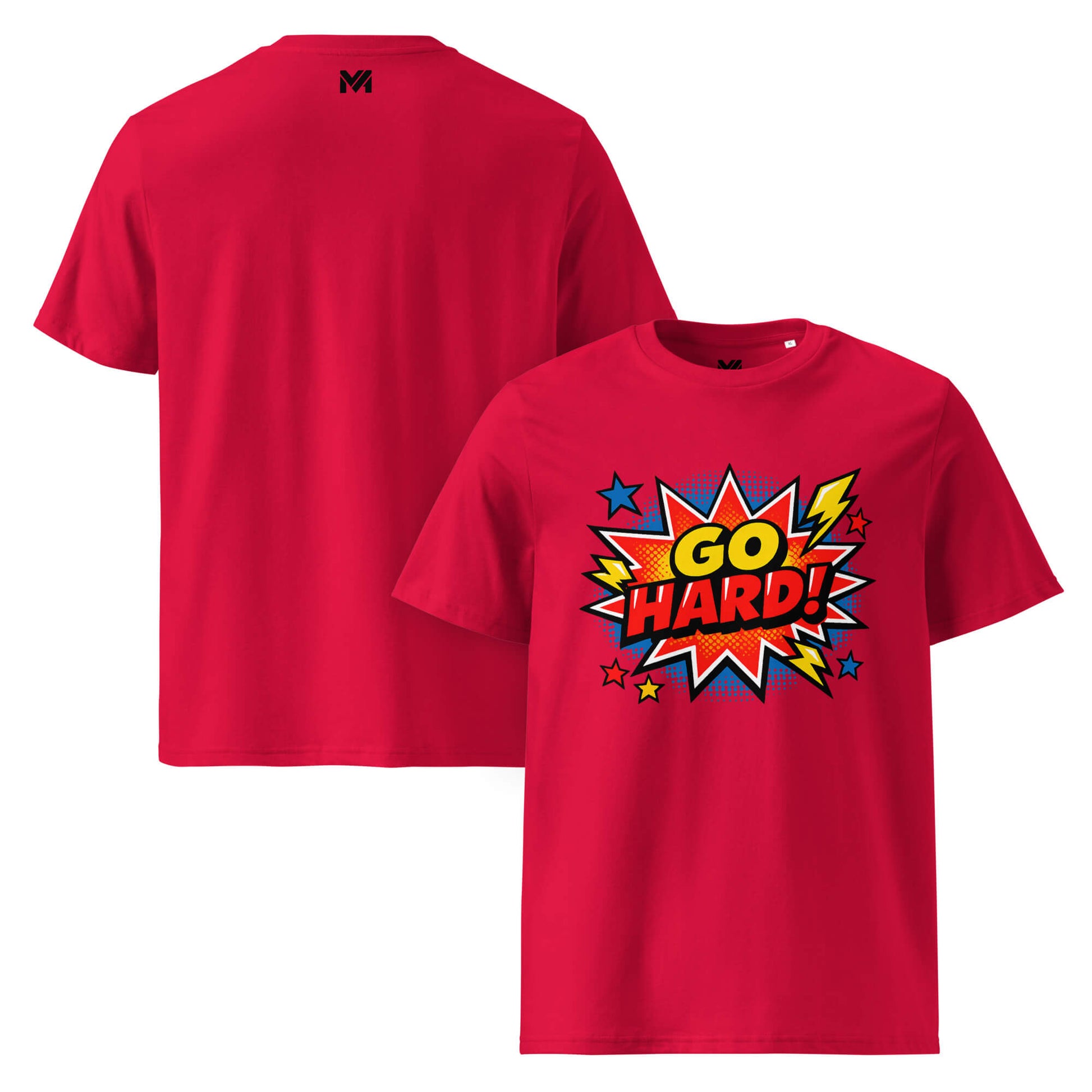 T-shirt Bio GO HARD rouge visuel coloré face et logo noir dos sous le col Mindset Ambition