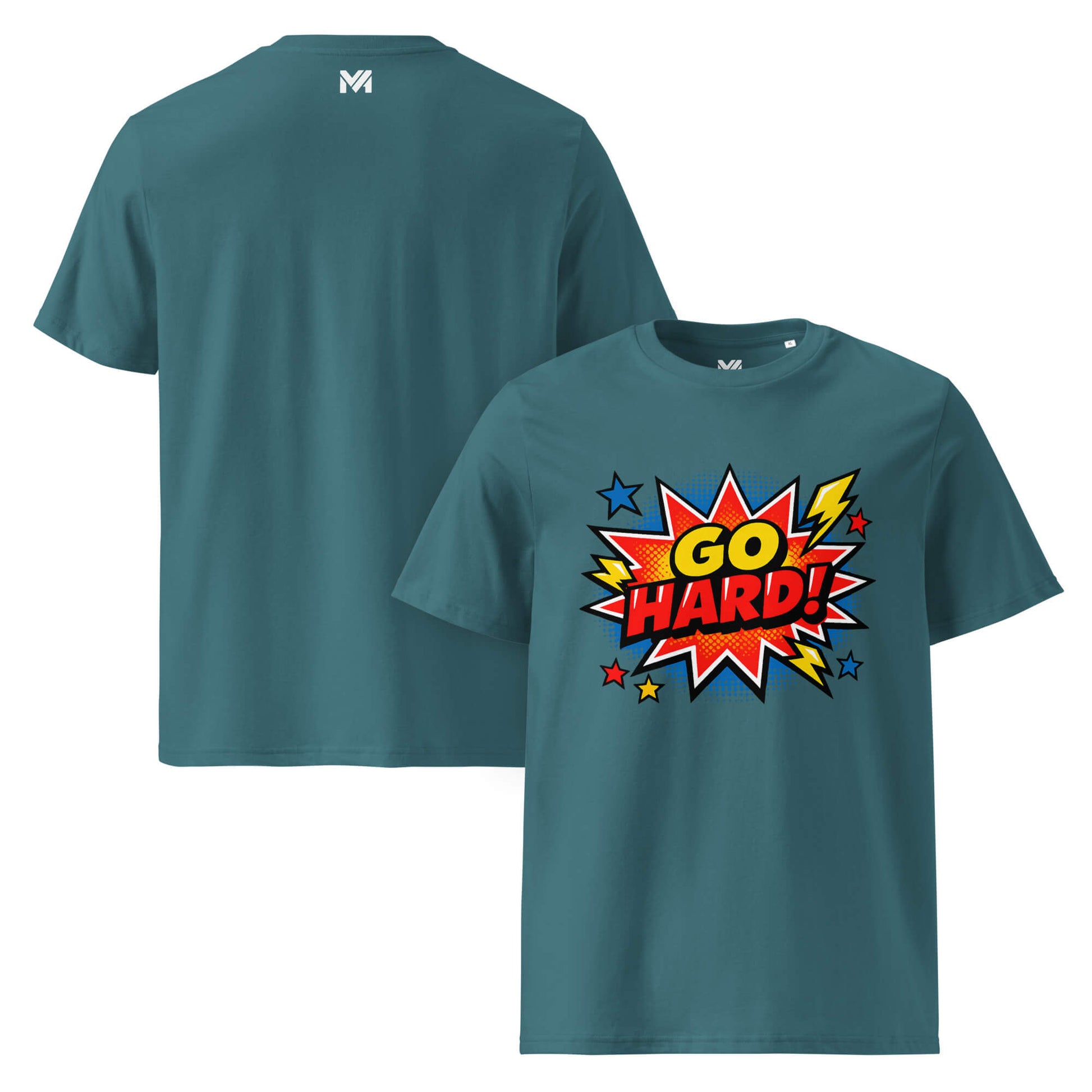 T-shirt Bio GO HARD vert visuel coloré face et logo blanc dos sous le col Mindset Ambition