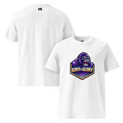 T-shirt Bio GRIT & GLORY blanc visuel coloré face et logo noir dos sous le col Mindset Ambition