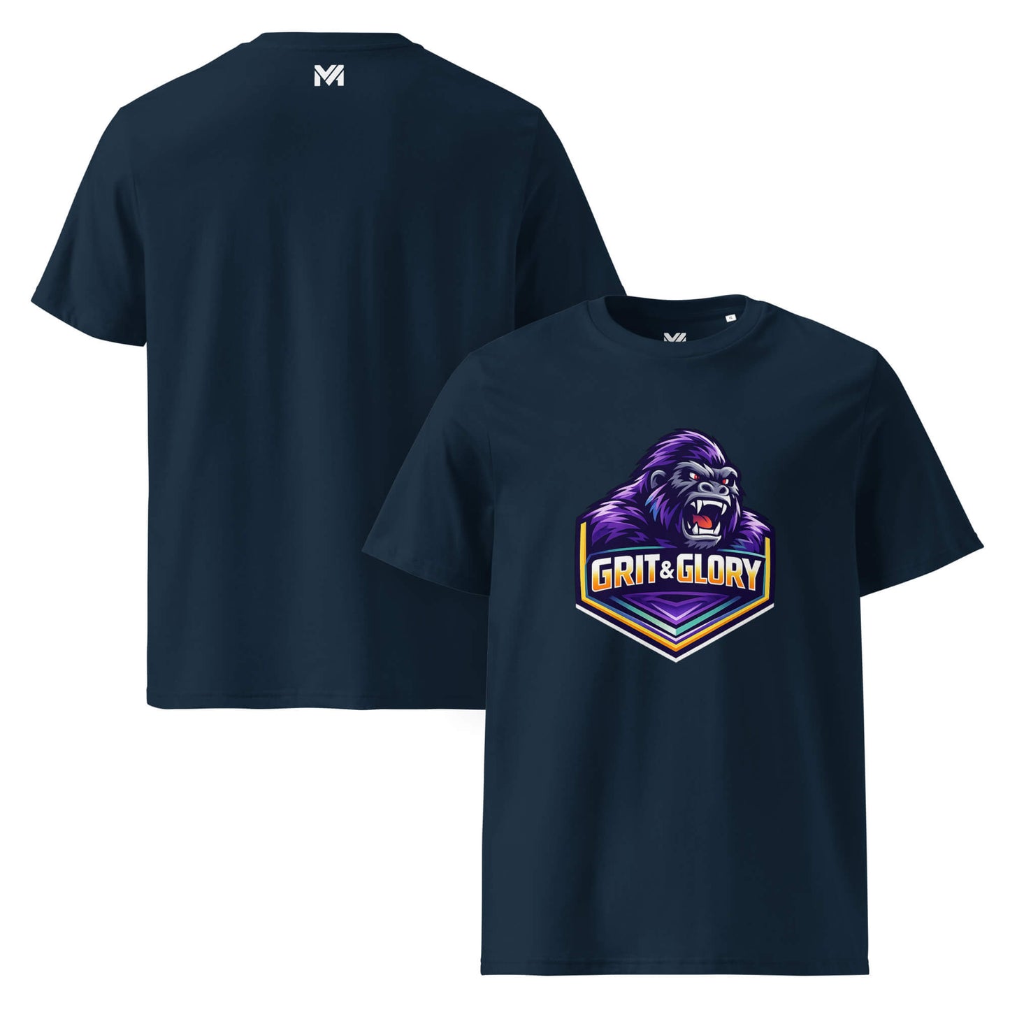 T-shirt Bio GRIT & GLORY bleu marine visuel coloré face et logo blanc dos sous le col Mindset Ambition