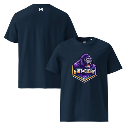 T-shirt Bio GRIT & GLORY bleu marine visuel coloré face et logo blanc dos sous le col Mindset Ambition