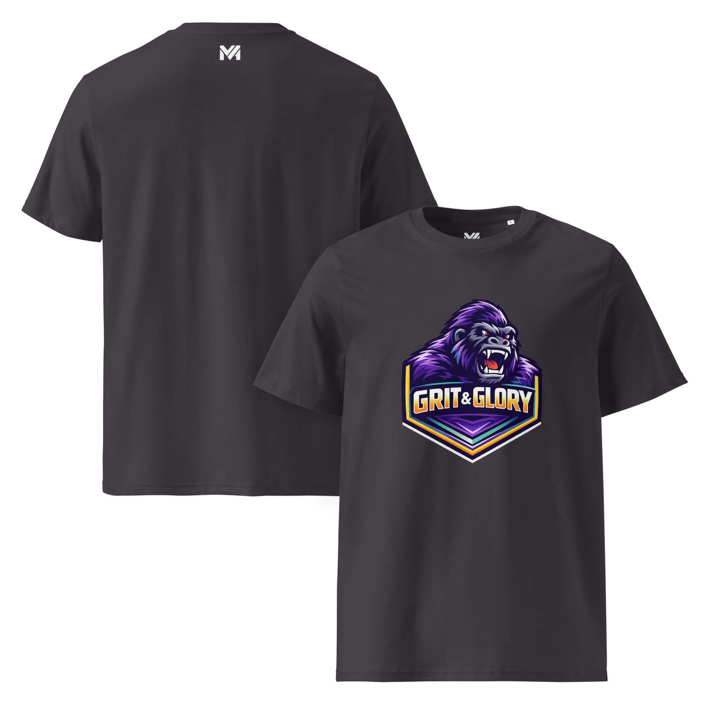 T-shirt Bio GRIT & GLORY gris anthracite visuel coloré face et logo blanc dos sous le col Mindset Ambition