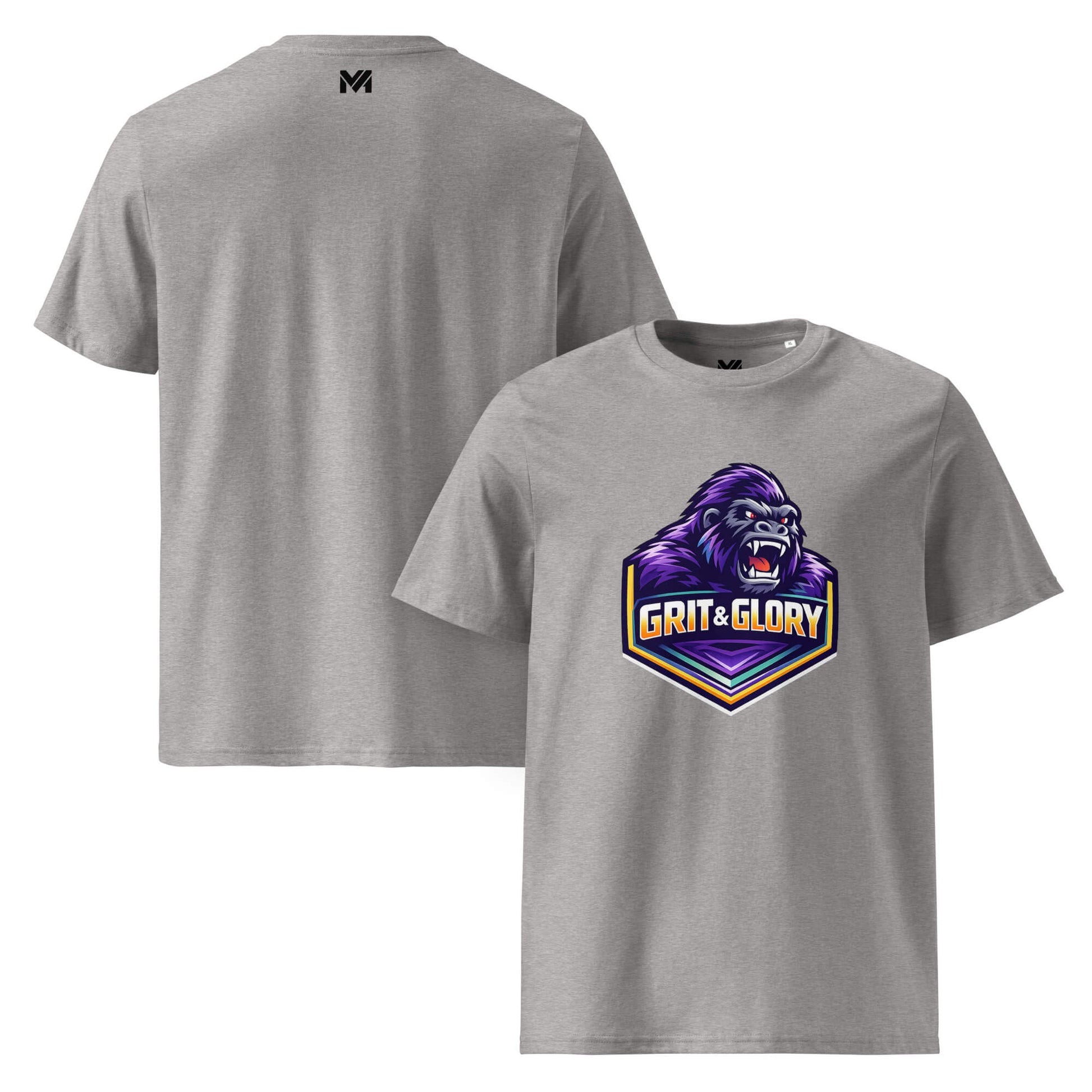 T-shirt Bio GRIT & GLORY gris chiné visuel coloré face et logo noir dos sous le col Mindset Ambition