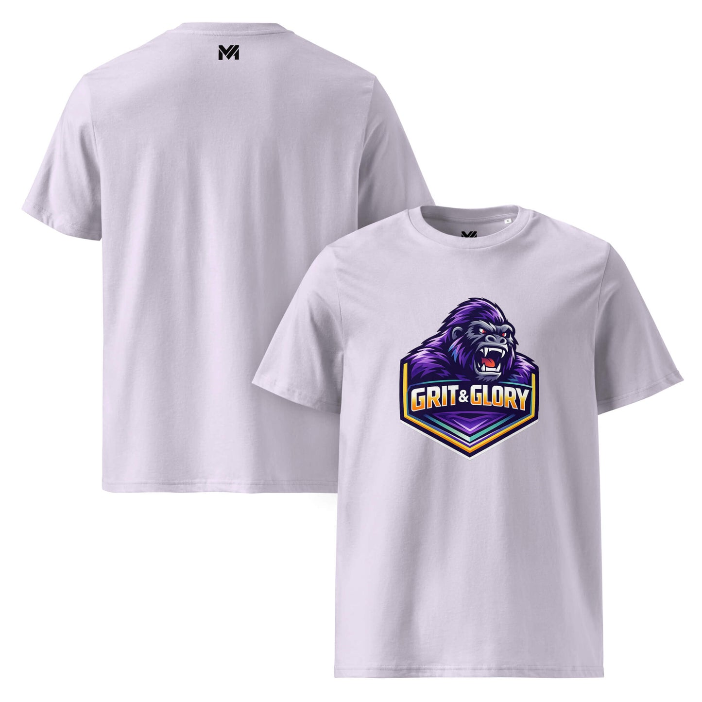T-shirt Bio GRIT & GLORY lavande visuel coloré face et logo noir dos sous le col Mindset Ambition