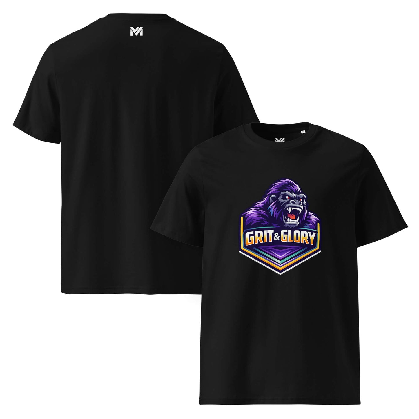 T-shirt Bio GRIT & GLORY noir visuel coloré face et logo blanc dos sous le col Mindset Ambition