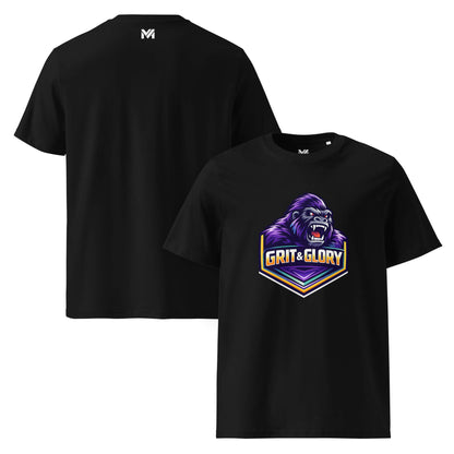 T-shirt Bio GRIT & GLORY noir visuel coloré face et logo blanc dos sous le col Mindset Ambition