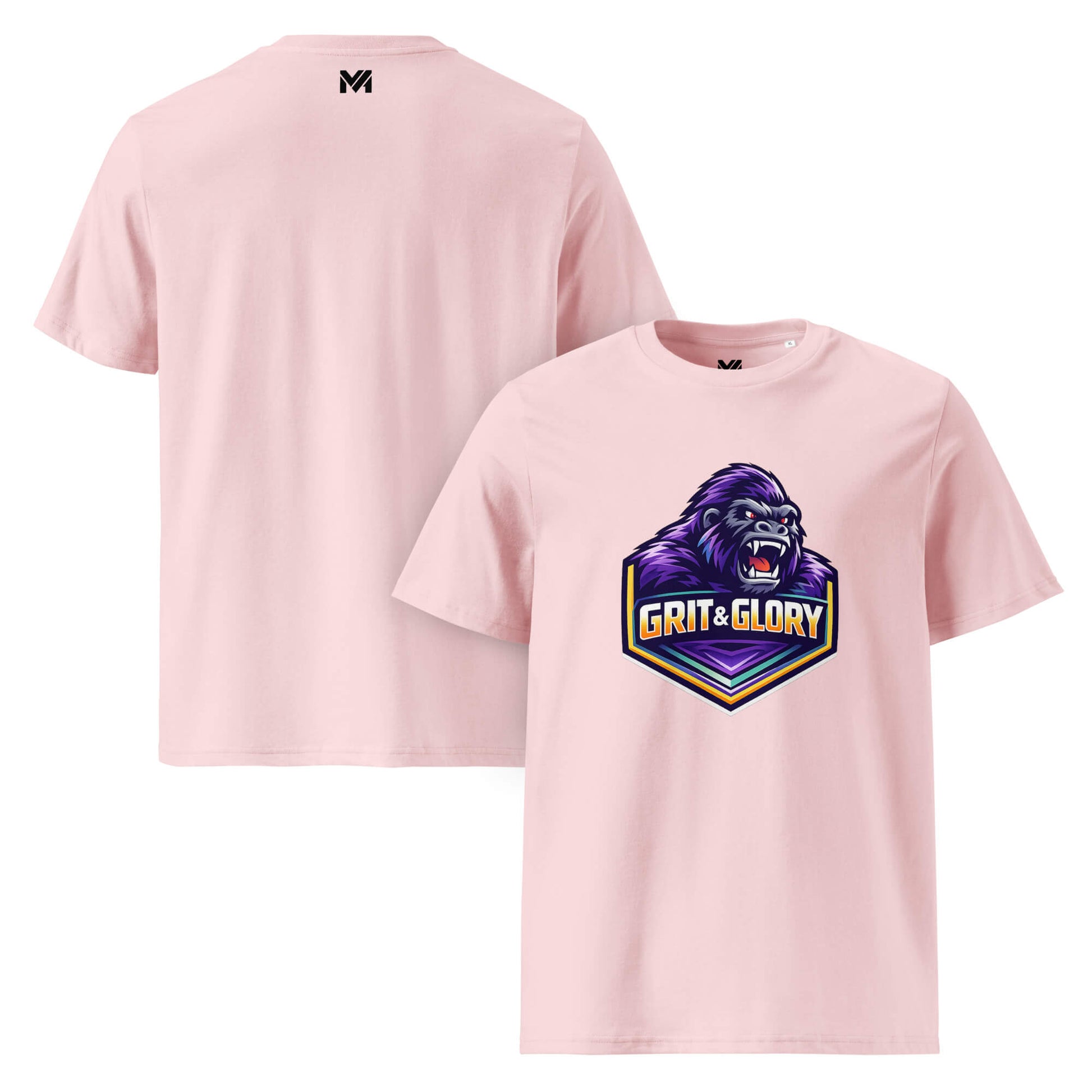 T-shirt Bio GRIT & GLORY rose visuel coloré face et logo noir dos sous le col Mindset Ambition