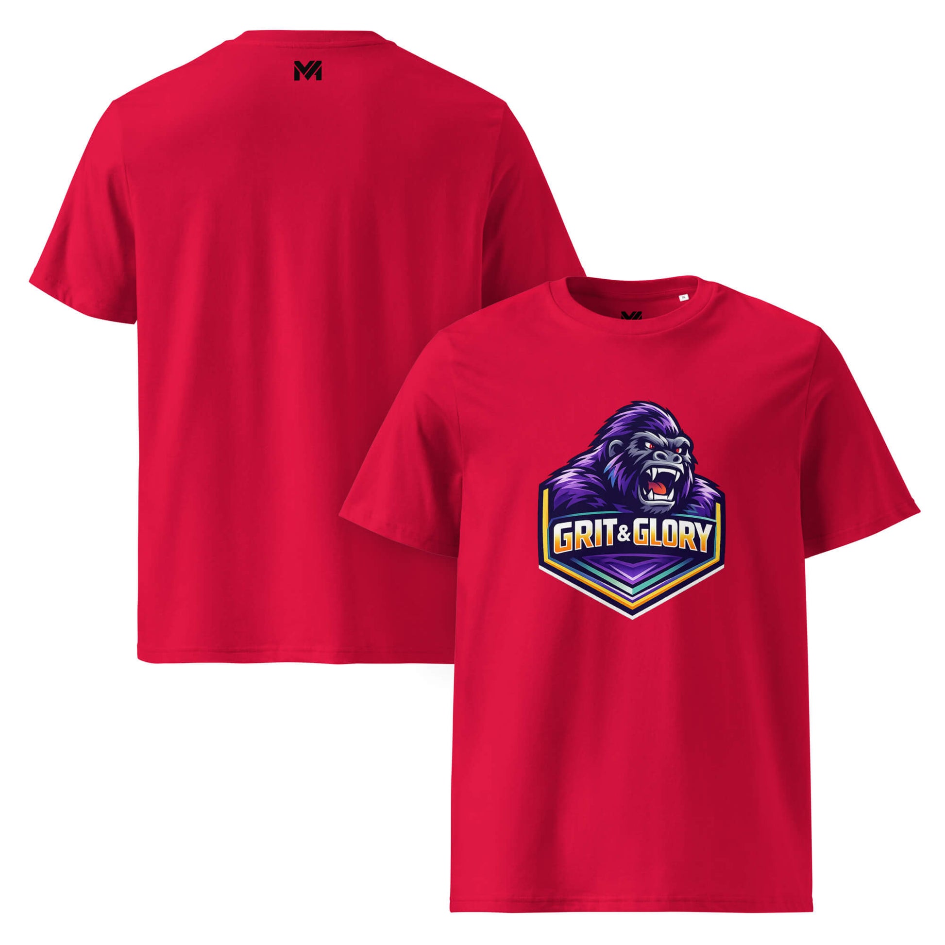 T-shirt Bio GRIT & GLORY rouge visuel coloré face et logo noir dos sous le col Mindset Ambition