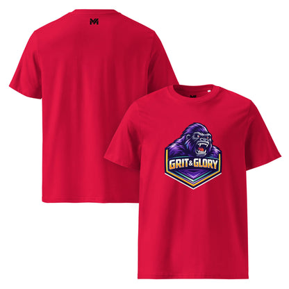 T-shirt Bio GRIT & GLORY rouge visuel coloré face et logo noir dos sous le col Mindset Ambition