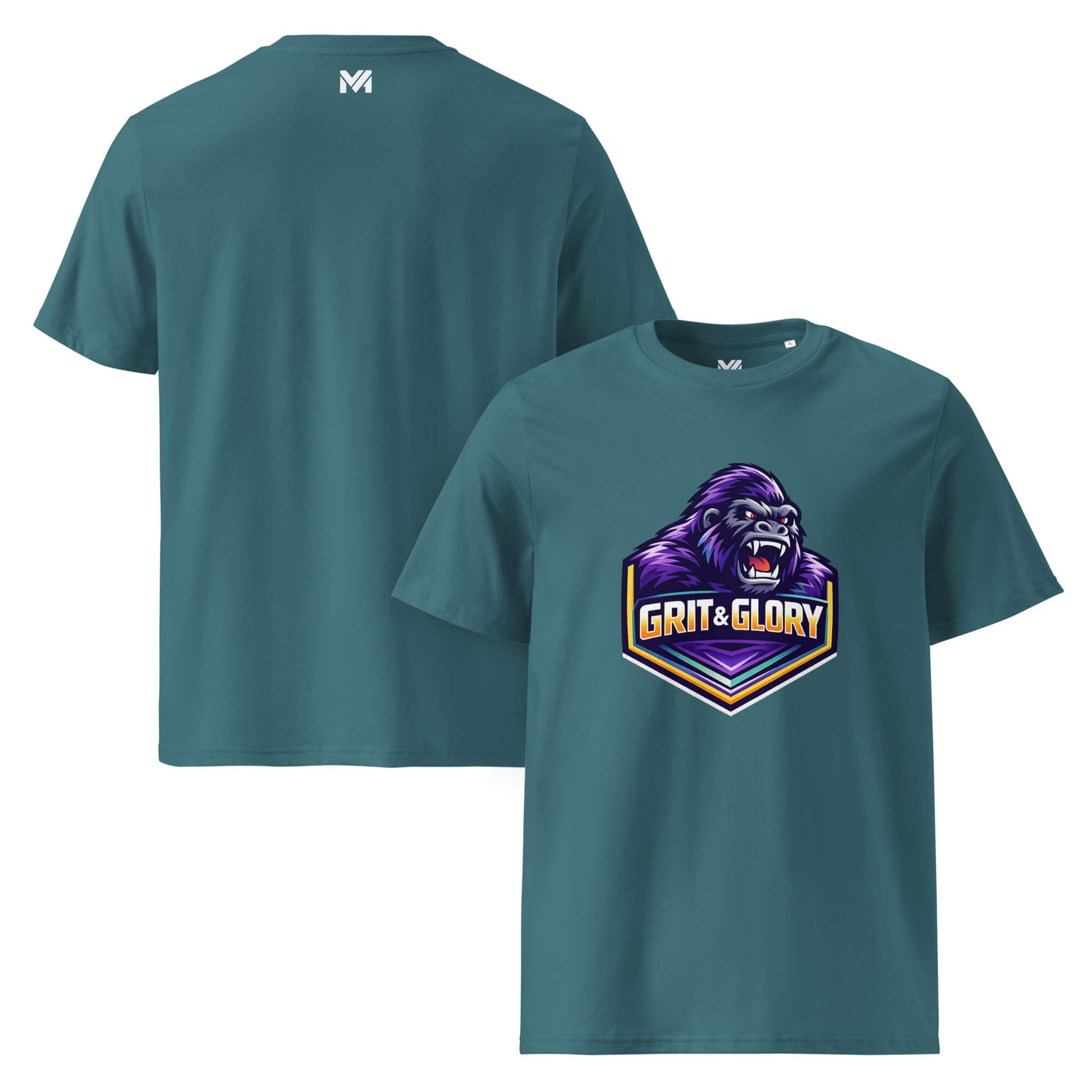 T-shirt Bio GRIT & GLORY vert visuel coloré face et logo blanc dos sous le col Mindset Ambition
