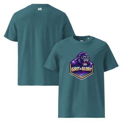 T-shirt Bio GRIT & GLORY vert visuel coloré face et logo blanc dos sous le col Mindset Ambition