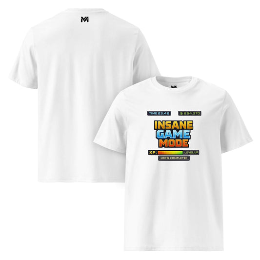 T-shirt Bio INSANE GAME MODE blanc visuel coloré face et logo noir dos sous le col Mindset Ambition