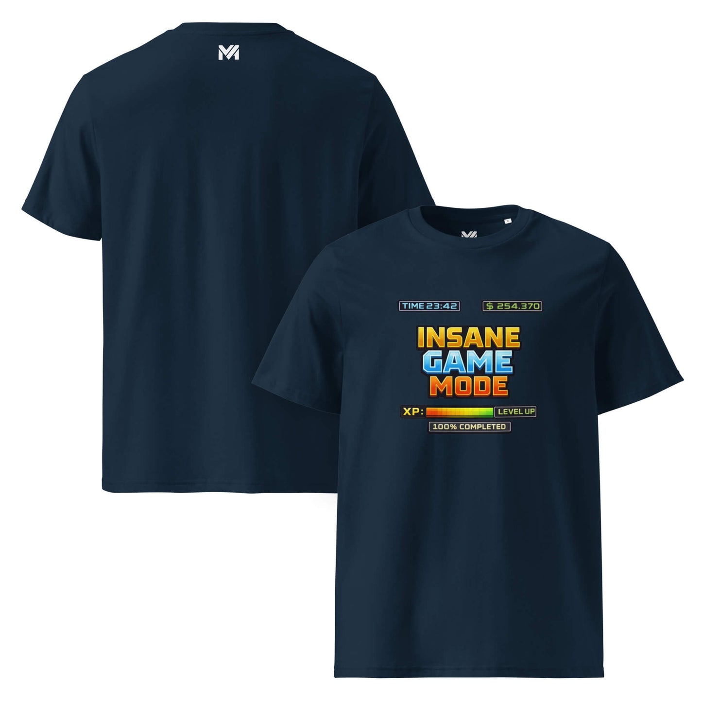 T-shirt Bio INSANE GAME MODE bleu marine visuel coloré face et logo blanc dos sous le col Mindset Ambition
