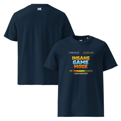 T-shirt Bio INSANE GAME MODE bleu marine visuel coloré face et logo blanc dos sous le col Mindset Ambition