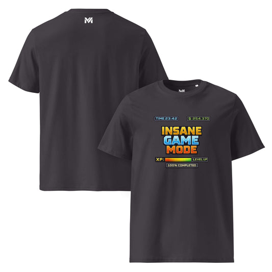 T-shirt Bio INSANE GAME MODE gris anthracite visuel coloré face et logo blanc dos sous le col Mindset Ambition