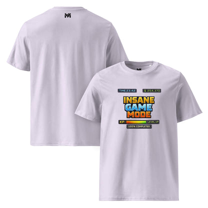 T-shirt Bio INSANE GAME MODE lavande visuel coloré face et logo noir dos sous le col Mindset Ambition